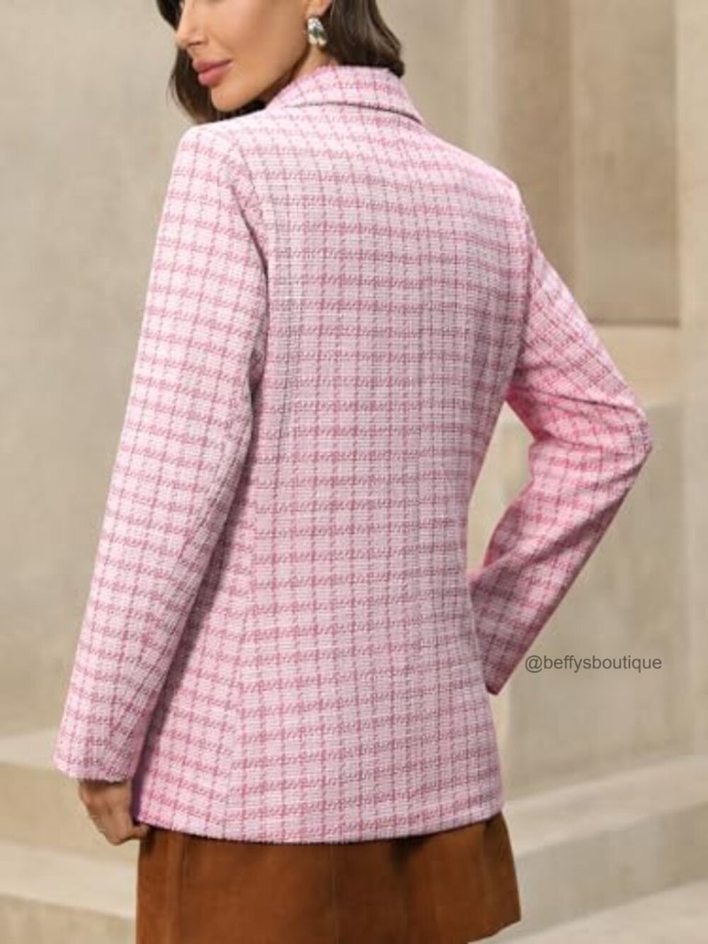 Oversized Plaid Tweed Blazer Double Breasted Boyfriend Style Jacket - Picture 2 of 7